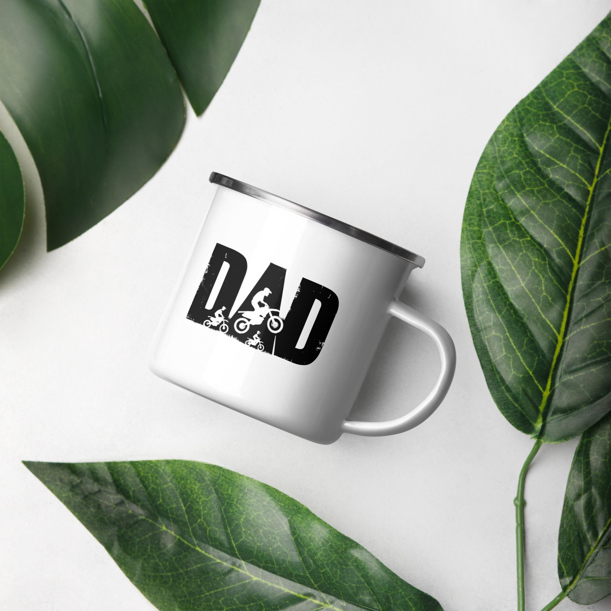 Dad’s Dirtbike Enamel Mug – Motocross Coffee Cup Gift for Biker Dads | MX Helmet Glove Boot Icons | Off-Road Camping Mug