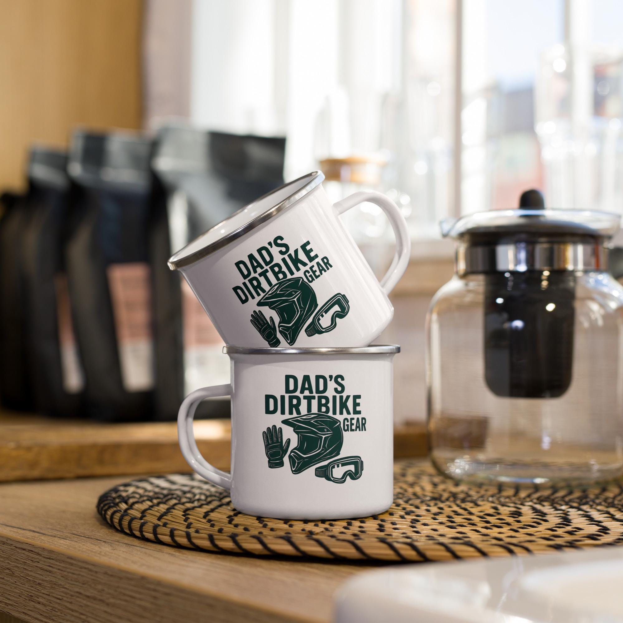 Dad’s Dirtbike Gear Enamel Mug – Motocross Coffee Cup Gift for Biker Dads | MX Helmet Glove Boot Icons | Off-Road Camping Mug