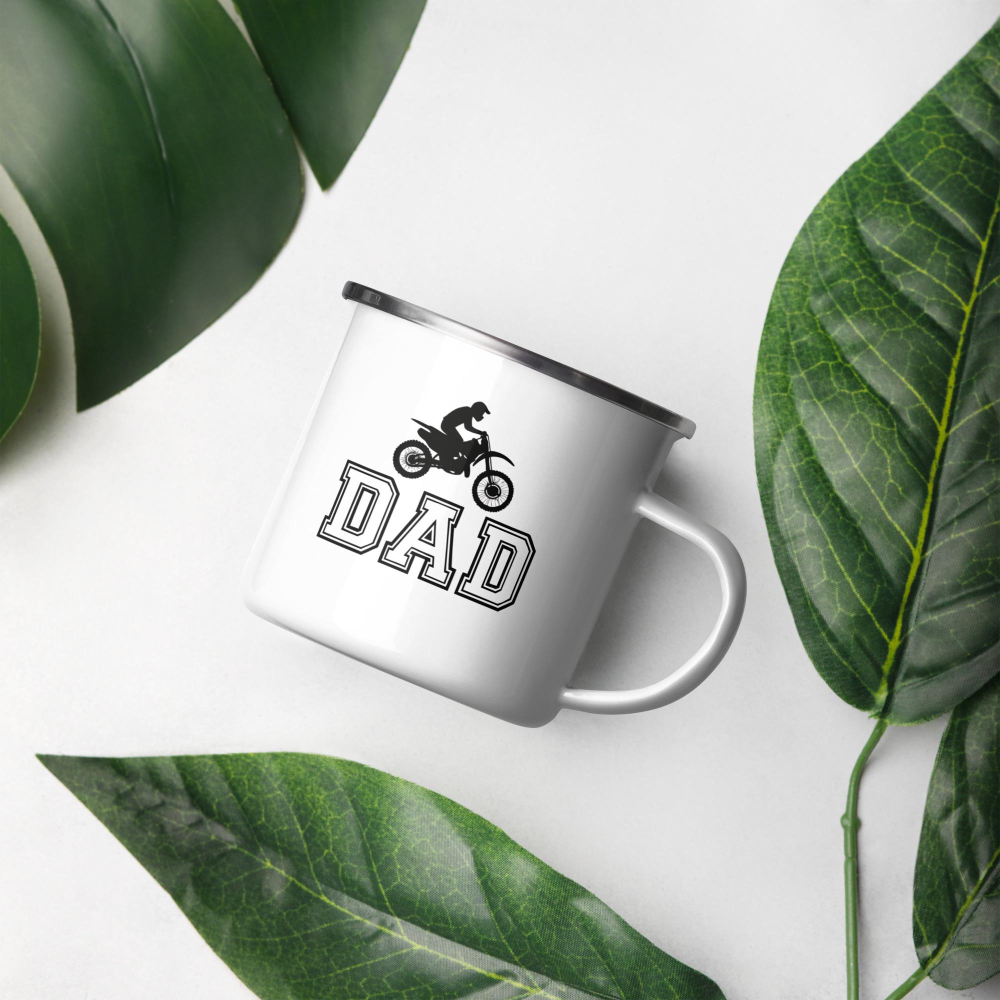 Dad’s Dirtbike Enamel Mug – Motocross Coffee Cup Gift for Biker Dads | MX Helmet Glove Boot Icons | Off-Road Camping Mug