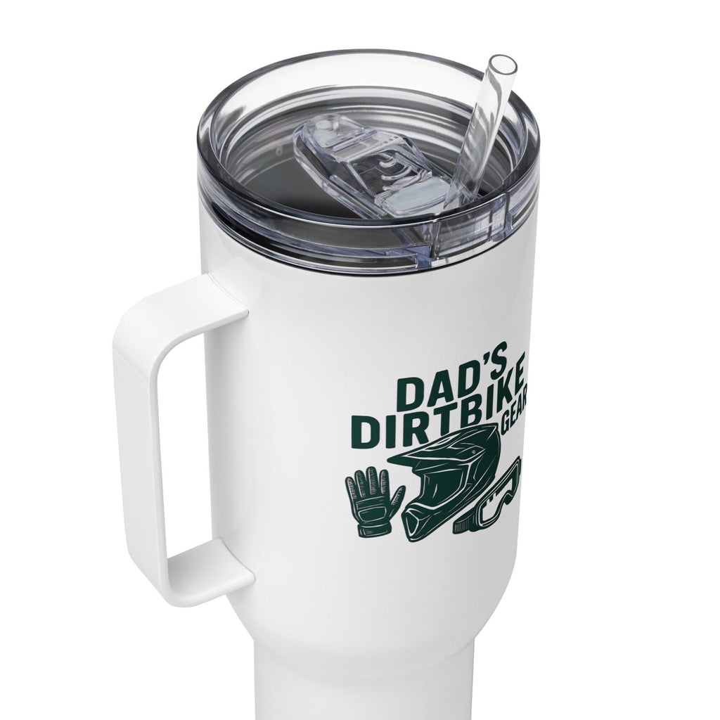 Dad’s Dirtbike Gear Travel Mug – MX Coffee Tumbler with Handle | Biker Dad Father’s Day Gift | Helmet Glove Boot Motocross Cup